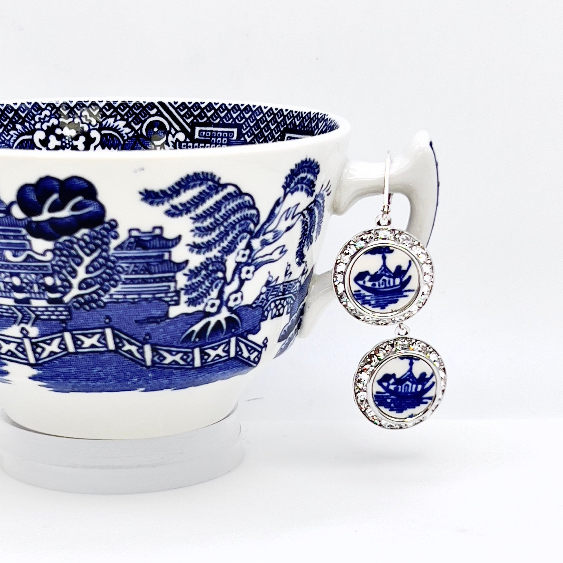 Vintage Blue Willow Ware China Earrings, Nautical Broken China Jewelry Crystal Earrings
