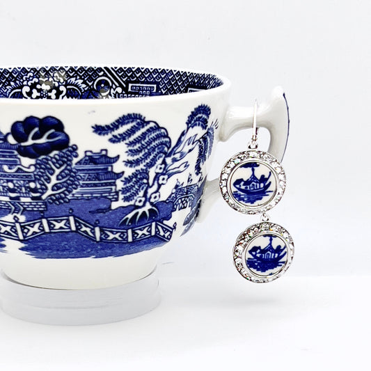 Vintage Blue Willow Ware China Earrings, Nautical Broken China Jewelry Crystal Earrings