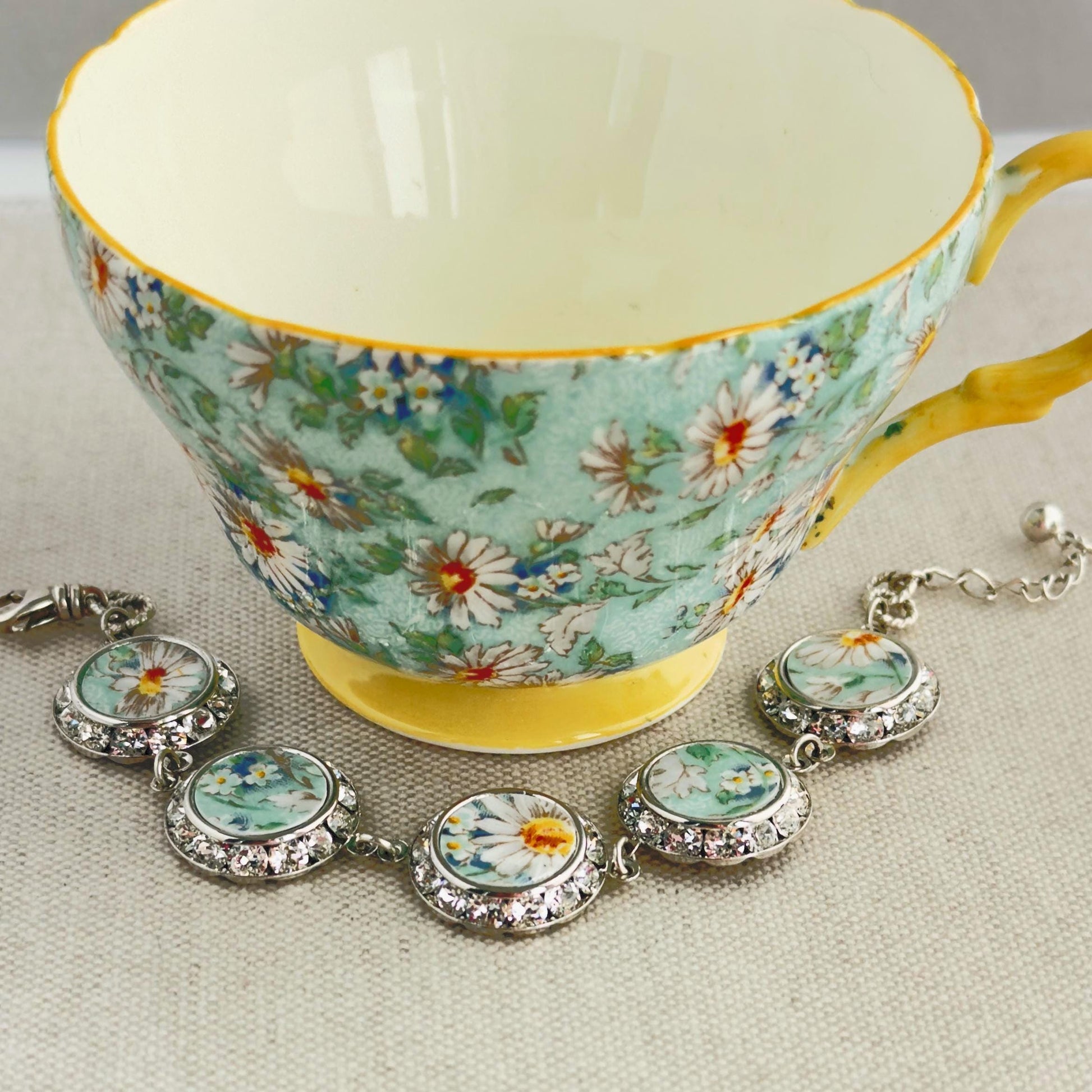 Daisy Charm Bracelet, 20th Anniversary Gift for Wife, Crystal Broken China Jewelry