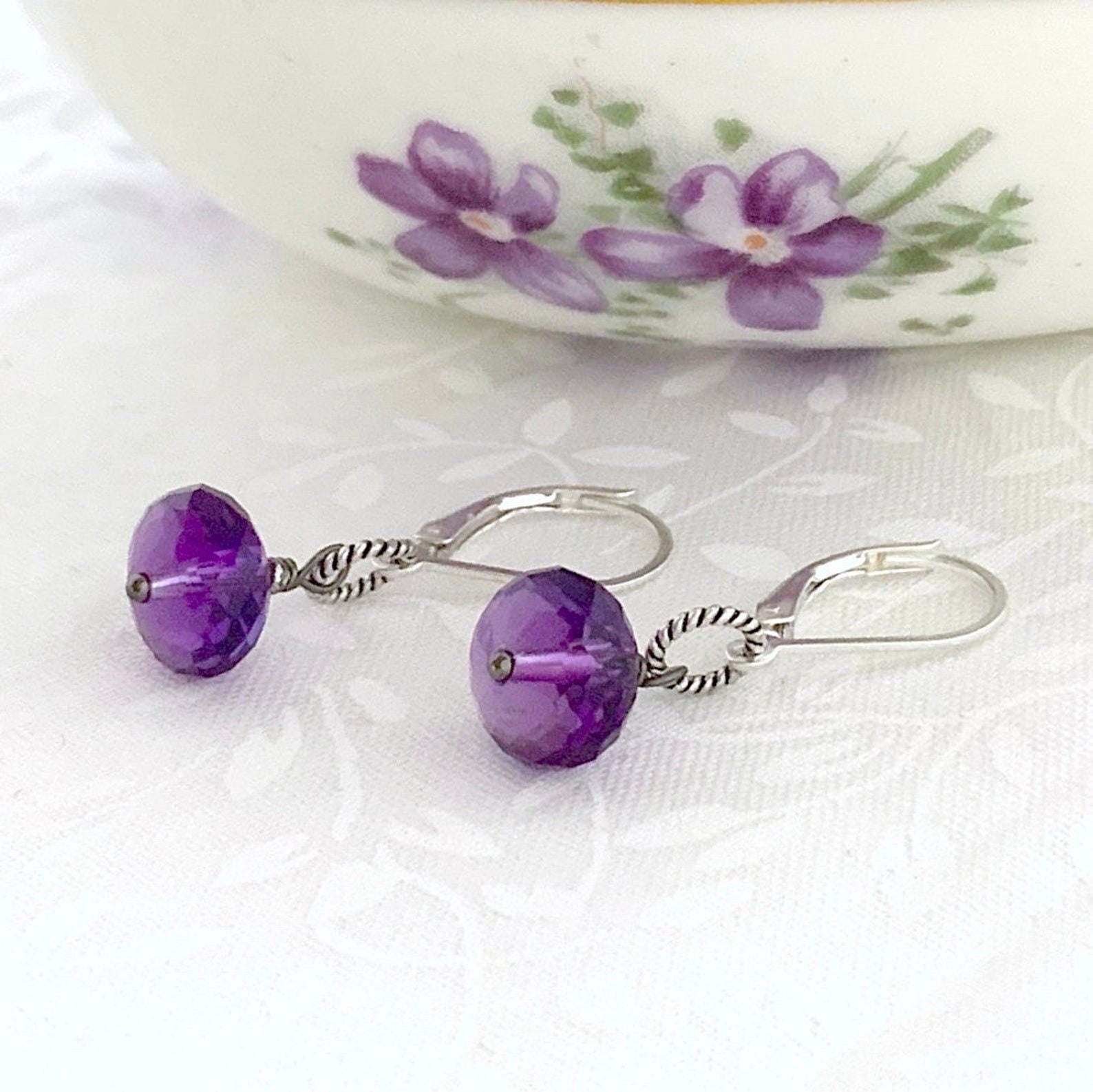 Sterling Silver Purple Amethyst Earrings, February Birthday, Dainty Birthstone Jewelry