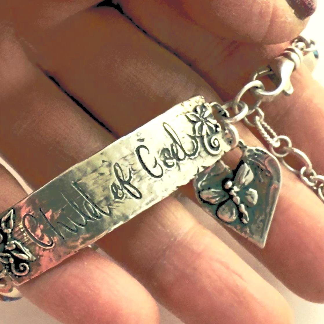 One-of-a-Kind Child of God Sterling Silver Butterfly Charm Bracelet, Copper Turquoise, Religous Gifts for Women