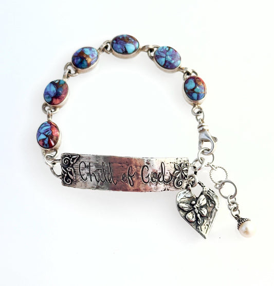 One-of-a-Kind Child of God Sterling Silver Butterfly Charm Bracelet, Copper Turquoise, Religous Gifts for Women