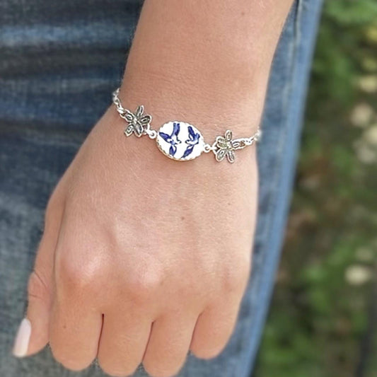 Blue Willow China Bracelet, Love Birds, Sterling Silver Anniversary Gift for Wife, Wedding Jewelry
