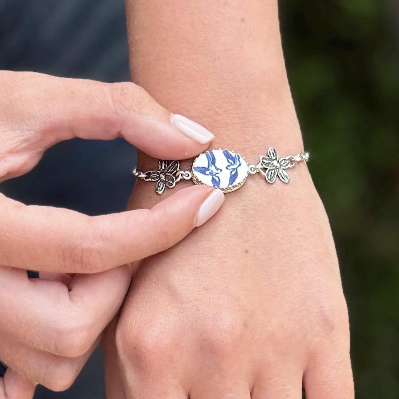 Blue Willow China Bracelet, Love Birds, Sterling Silver Anniversary Gift for Wife, Wedding Jewelry