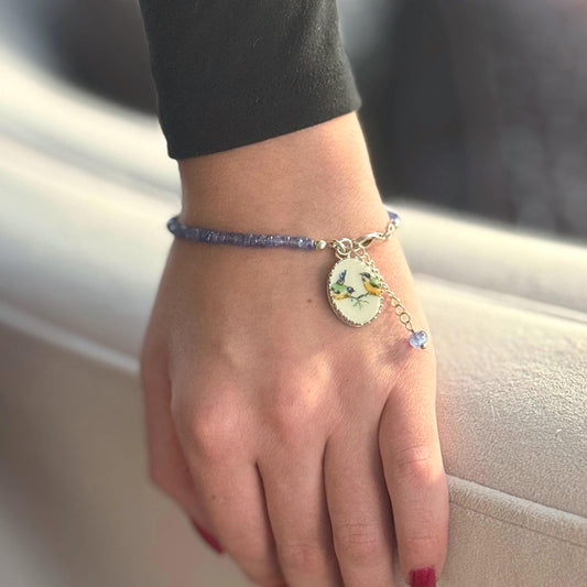 Tanzanite & Love Birds Charm Bracelet, 18th Wedding Anniversary Gifts for Wife, Antique Porcelain