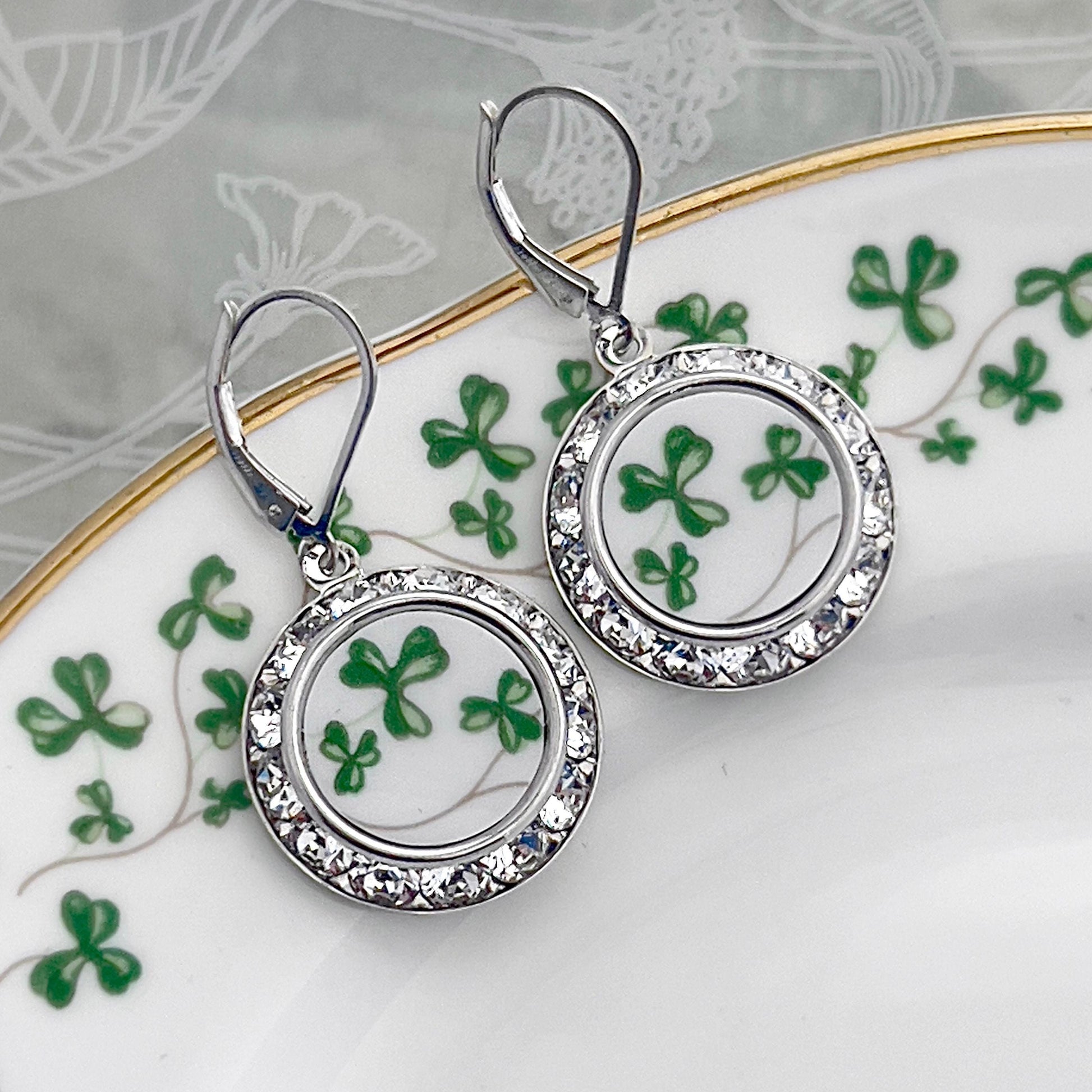 Irish Royal Tara China Crystal Earrings, Shamrock Broken China Jewelry, Celtic Jewelry Gifts for Women
