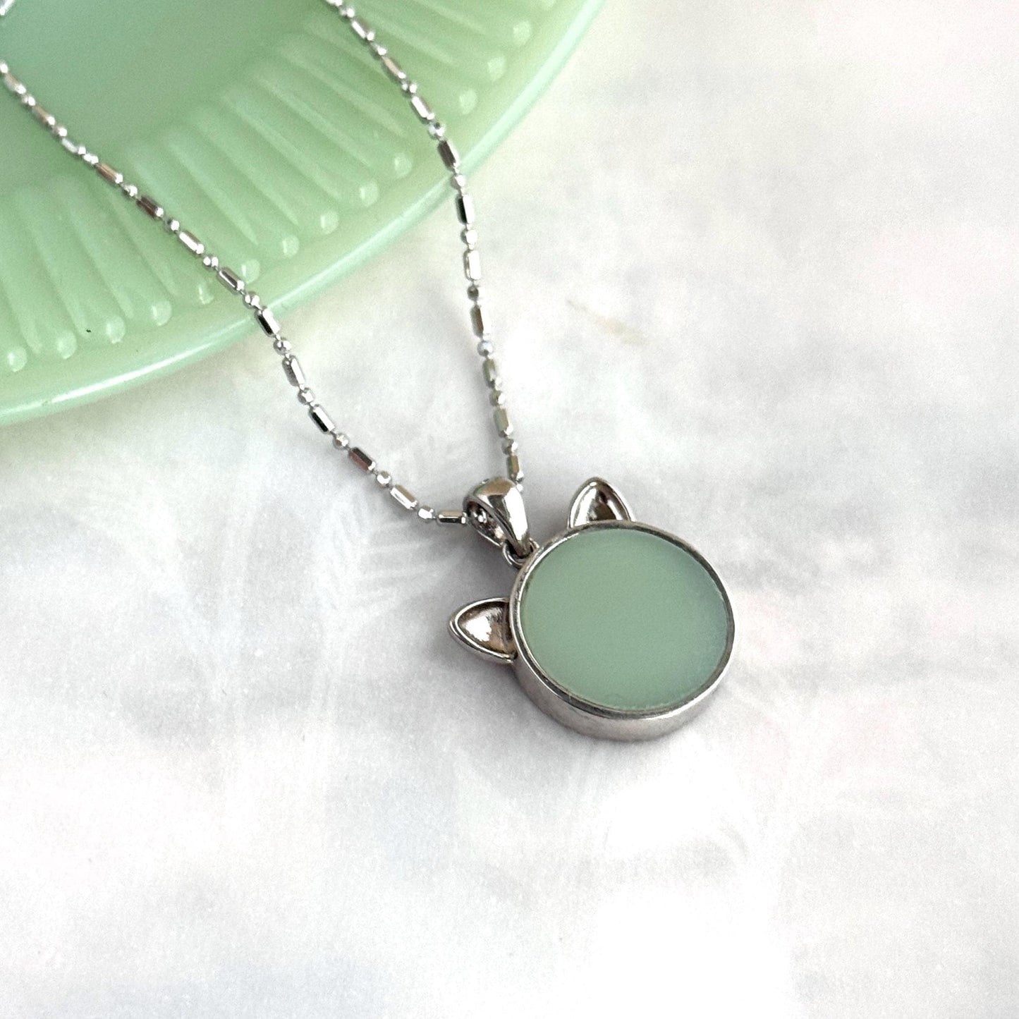 Fire King Jadeite Cat Necklace, Depression Glass, Cat Jewelry, Gift for Cat Lover or Cat Mom