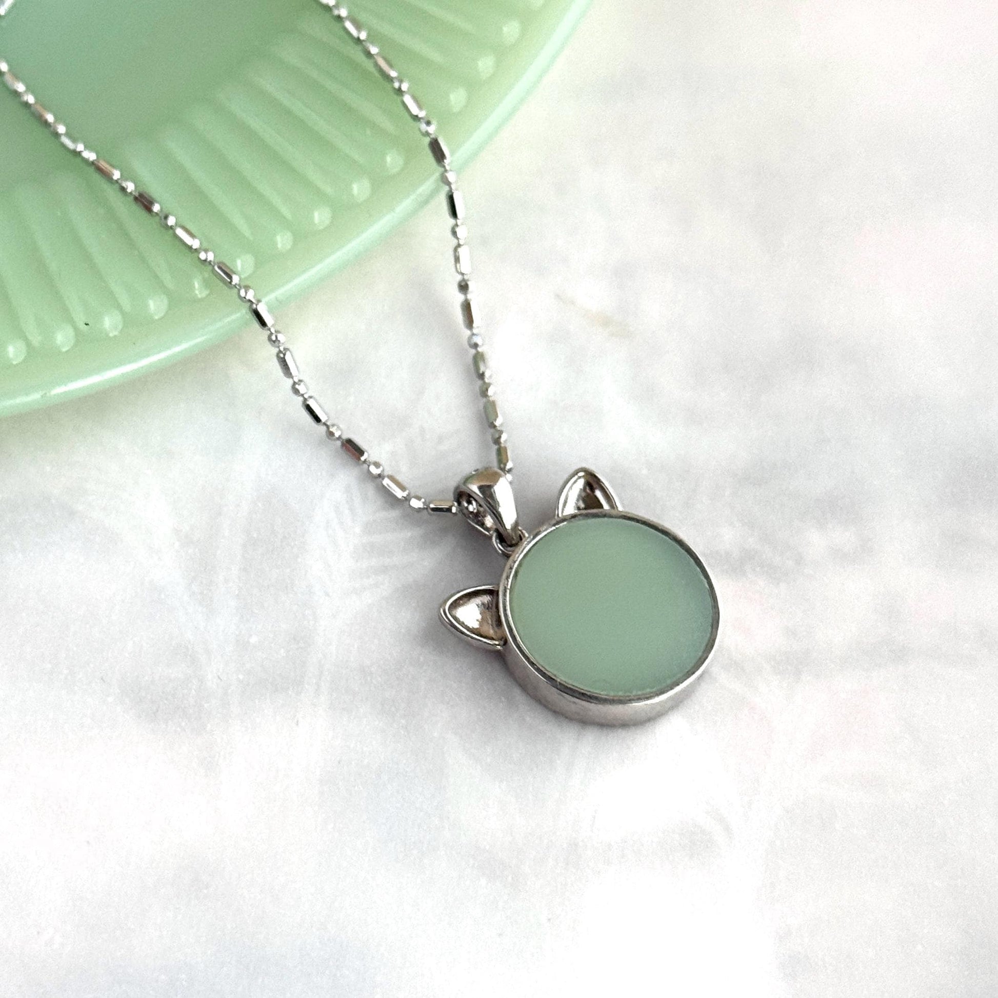 Fire King Jadeite Cat Necklace, Depression Glass, Cat Jewelry, Gift for Cat Lover or Cat Mom