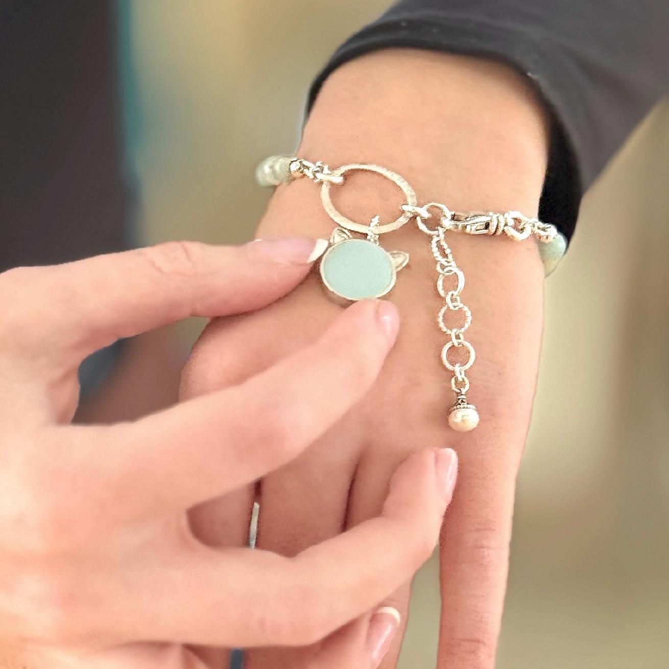 Fire King Turquoise Blue Depression Glass, Amazonite Gemstone Cat Charm Bracelet, Unique Gifts for Her, Cat Mom Valentines Day Gifts