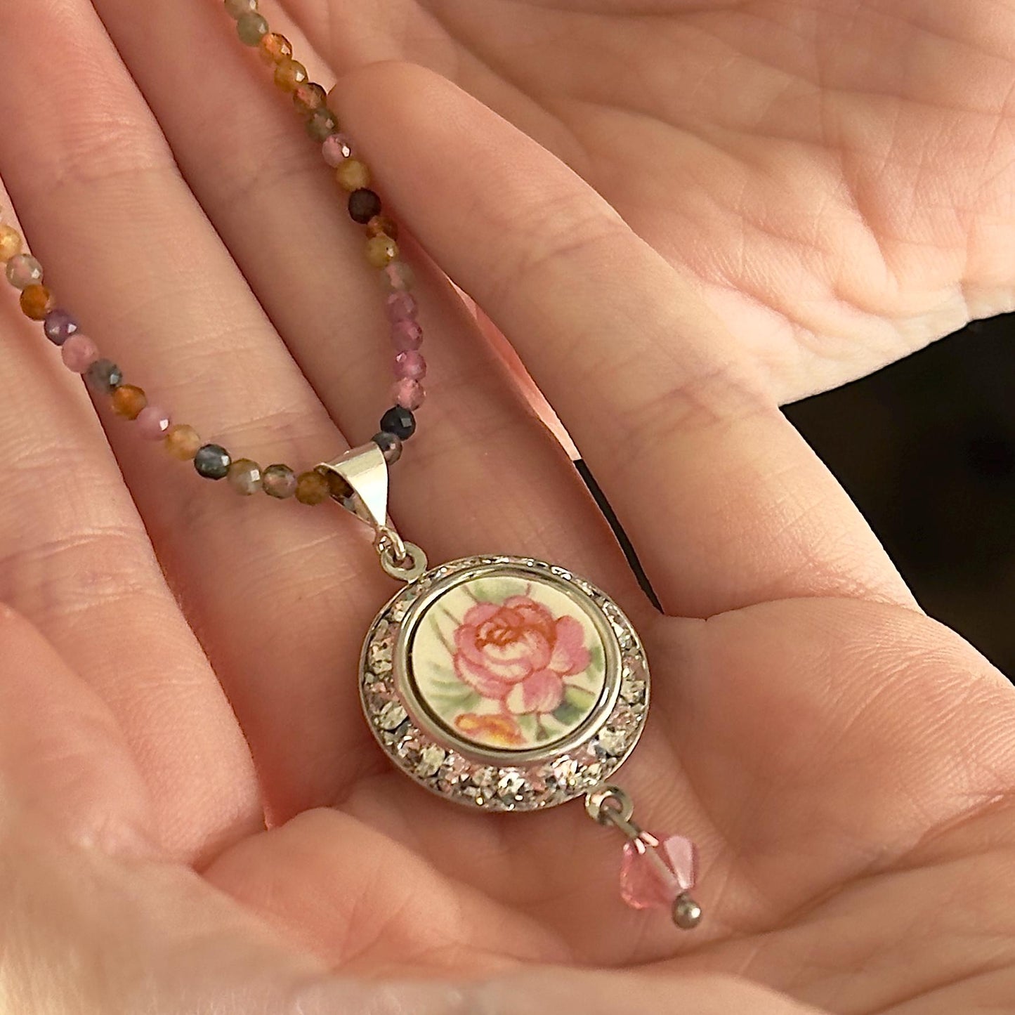 One-of-a-Kind Dainty Tourmaline Necklace, Vintage Broken China Jewelry, Pink Rose Crystal Necklace, Gifts for Love and Friendship