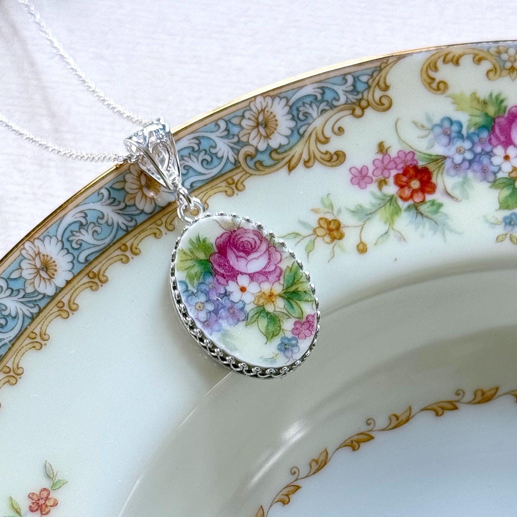 Rose & Forget Me Not Flower Necklace, Broken China Jewelry, Unique 20th Anniversary Gift for Wife, Vintage China Necklace Repurposed Jewelry