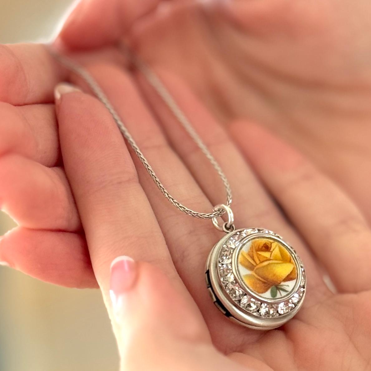 Valentines Day Gift for Friend, Yellow Rose Locket Necklace, Special Friendship Flower Gift, Broken China Jewelry Photo Locket