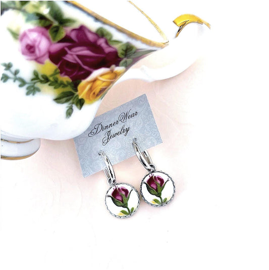 Romantic Rose Earrings, 20th Anniversary Gift for Wife, Broken China Jewelry, Sterling Silver, Royal Albert Old Country Roses, Red Rose Buds