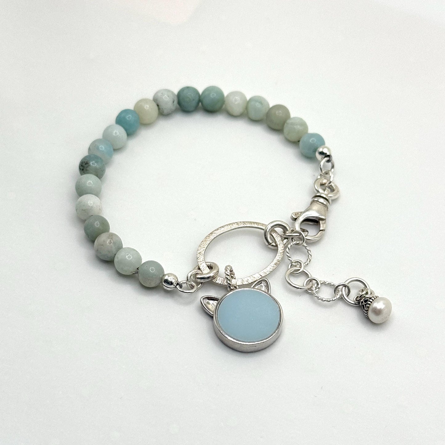 Fire King Turquoise Blue Depression Glass, Amazonite Gemstone Cat Charm Bracelet, Unique Gifts for Her, Cat Mom Valentines Day Gifts
