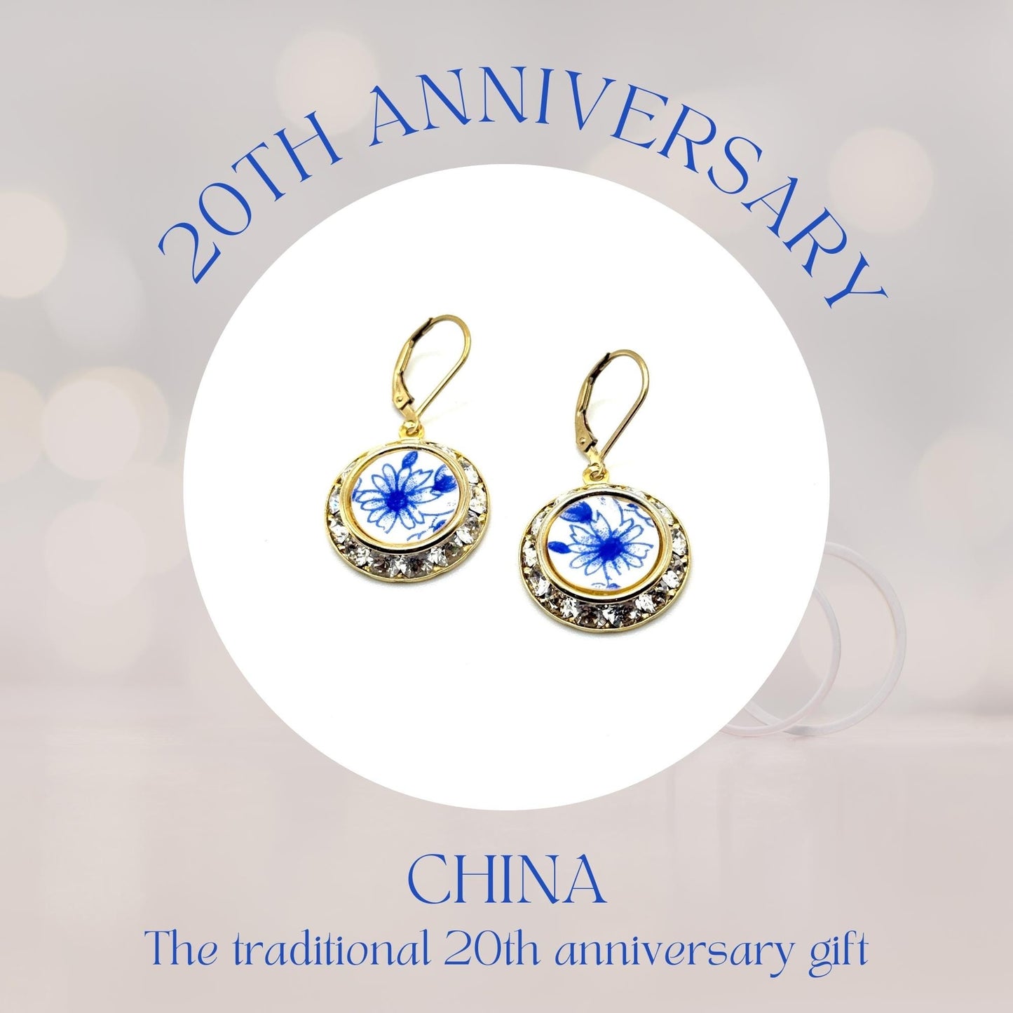 20th Anniversary Gift for Wife, Shelley Dainty Blue China Pattern, Gold Daisy Broken China Jewelry Earrings, Blue and White