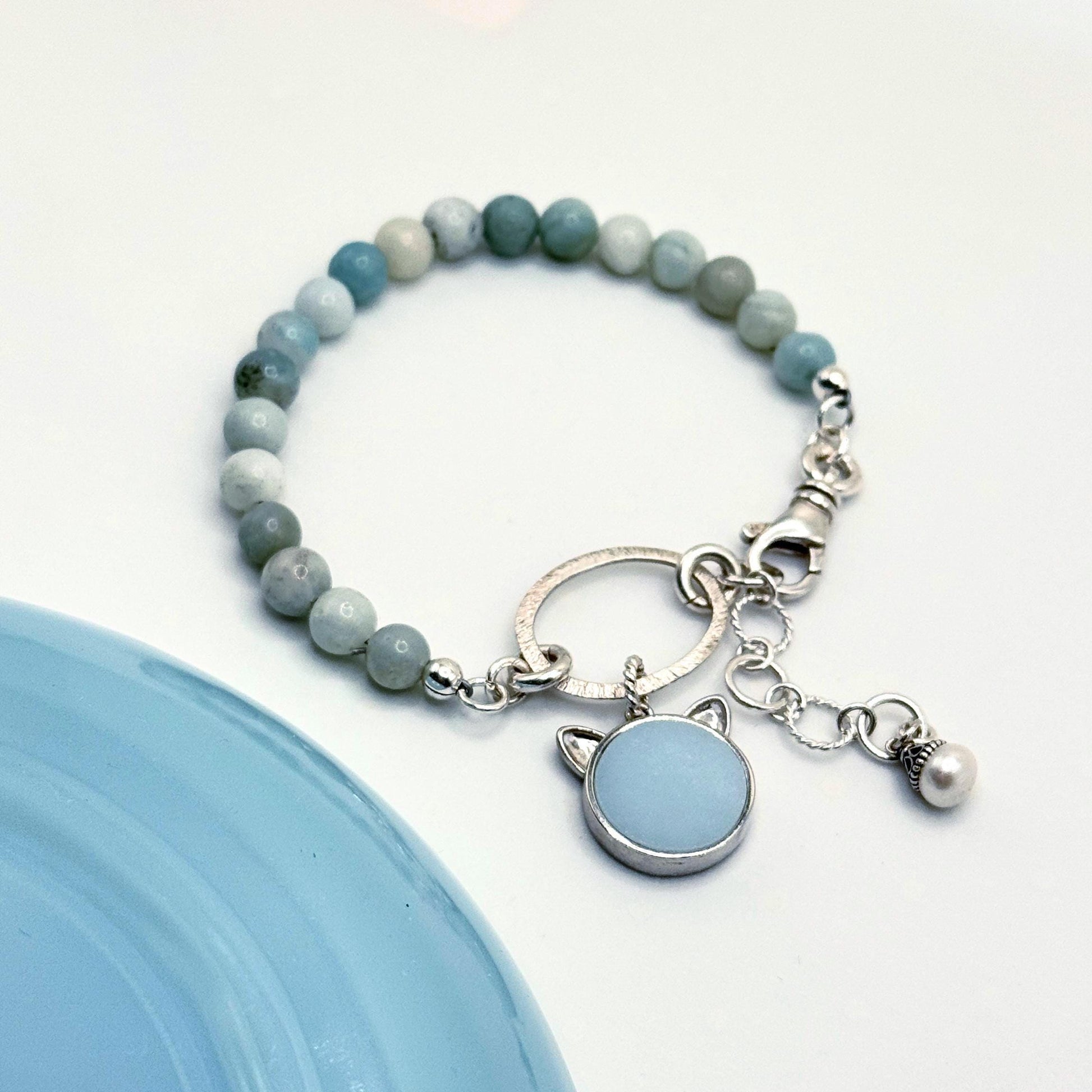 Fire King Turquoise Blue Depression Glass, Amazonite Gemstone Cat Charm Bracelet, Unique Gifts for Her, Cat Mom Valentines Day Gifts
