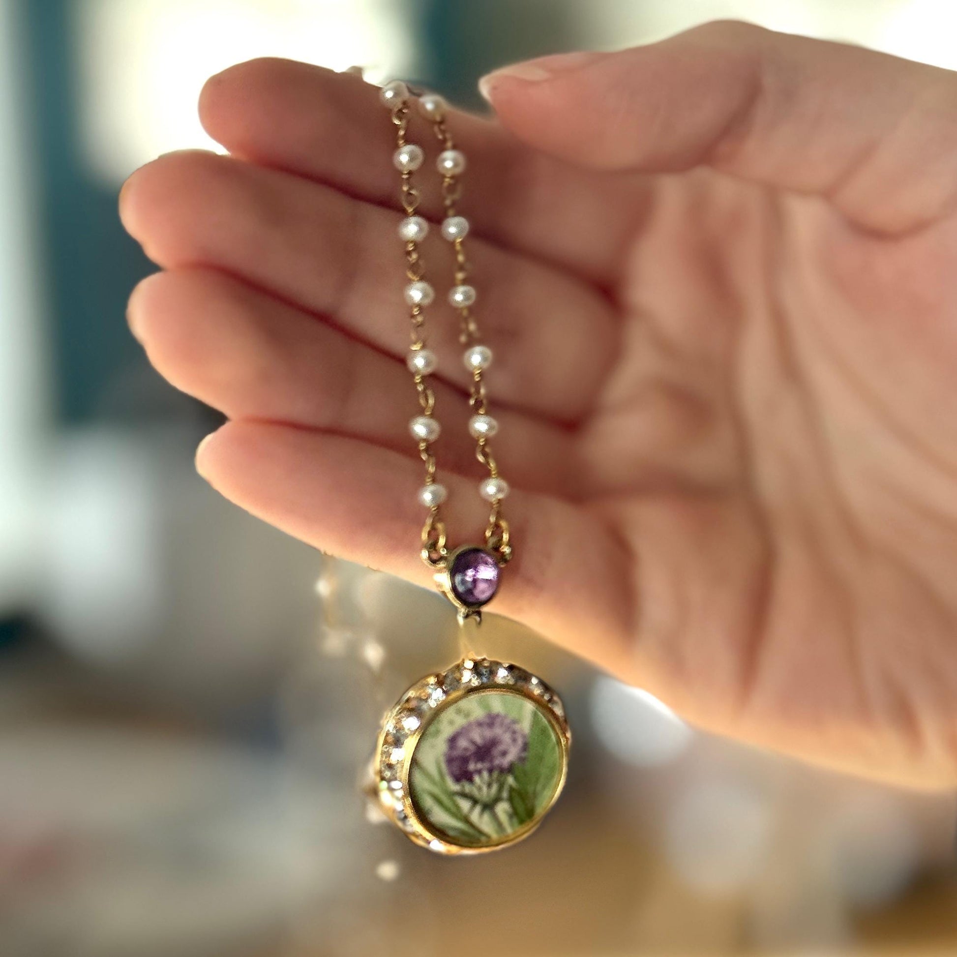 Pearl and Crystal and Scottish Thistle Purple Necklace, Celtic Broken China Jewelry, Scotland Flower