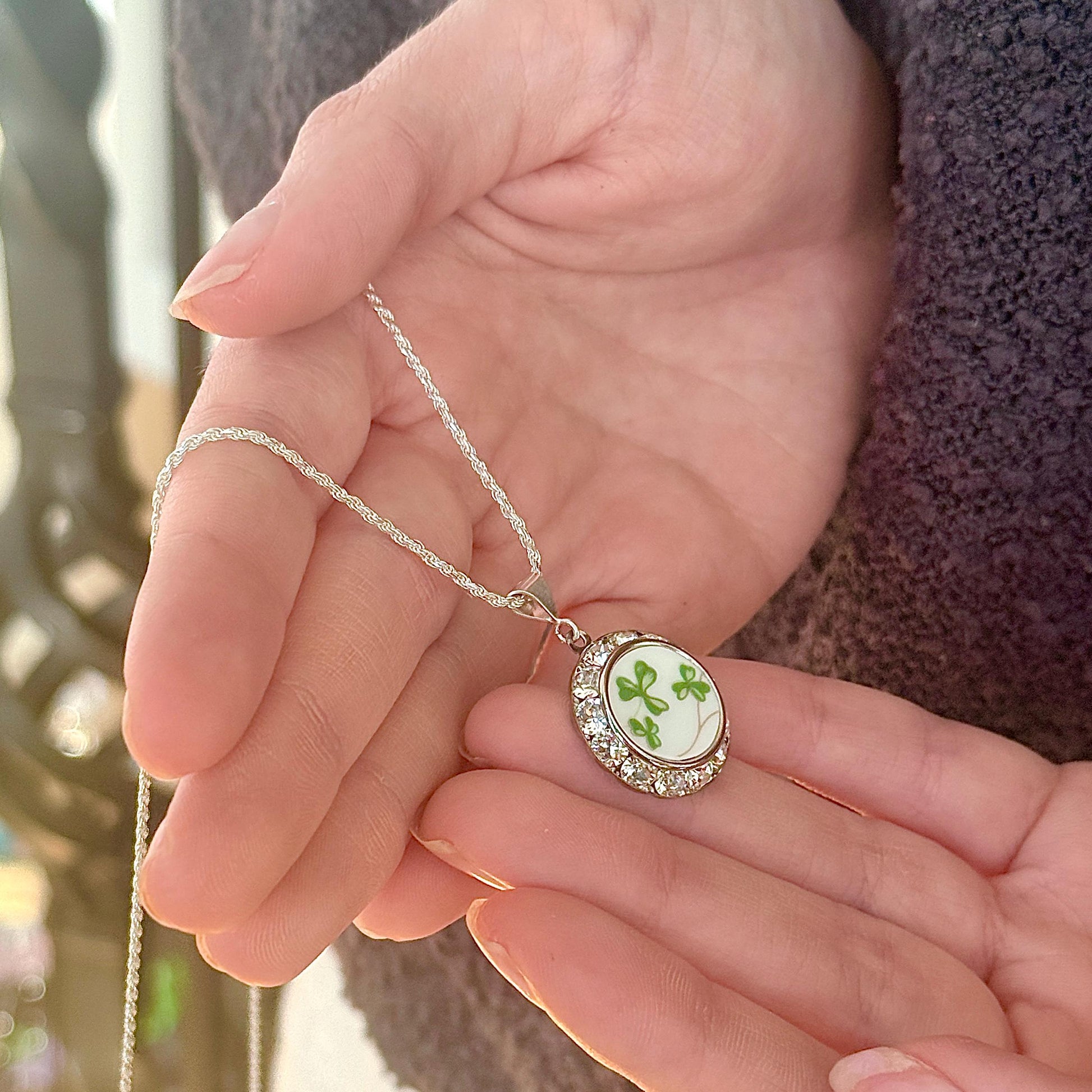 Crystal Shamrock Necklace, Celtic Broken China Jewelry Necklace, Unique St Patricks Day Jewelry for Women, Irish Gifts for Her
