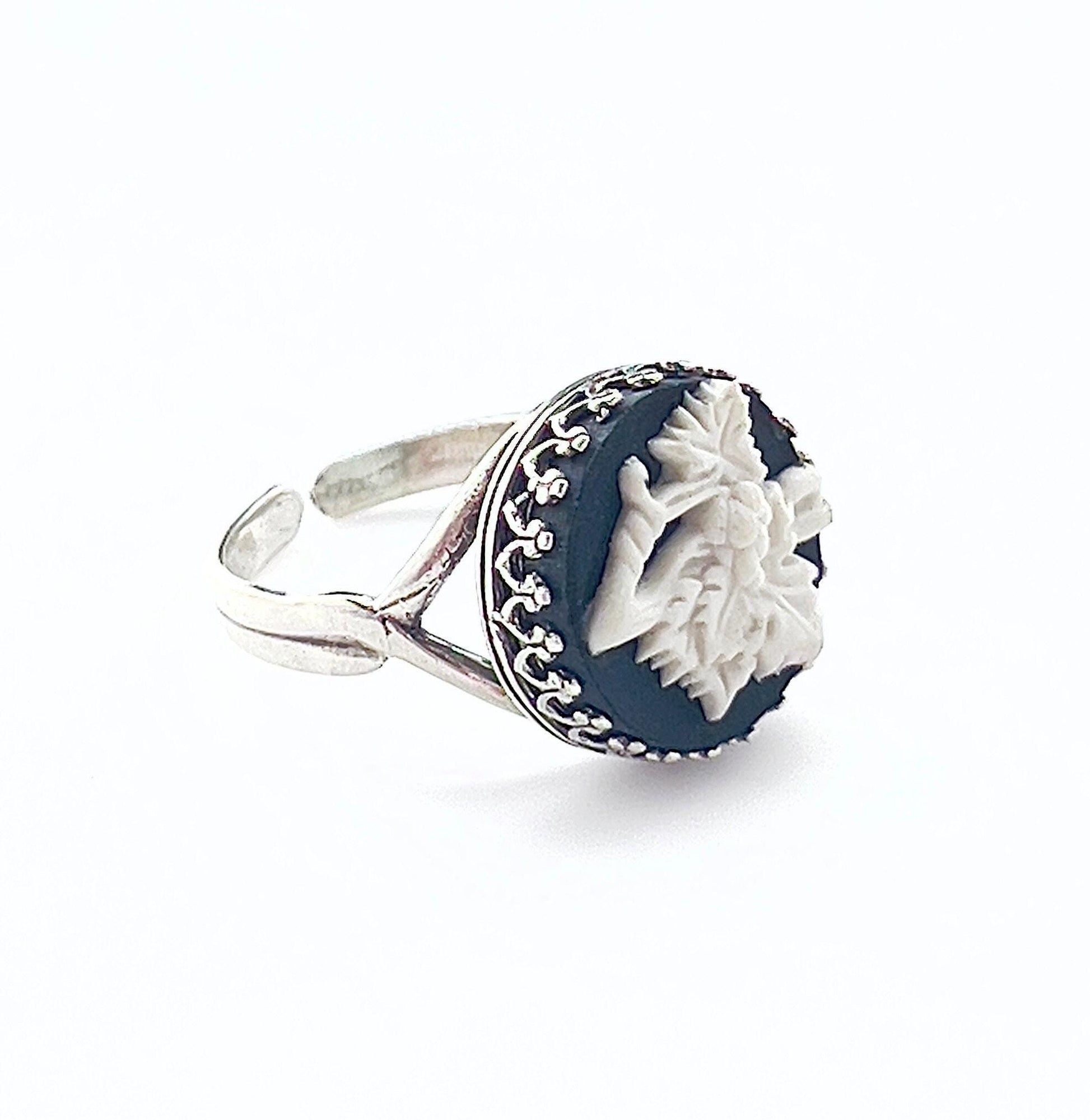 Wedgwood Black Jasperware Ring, Sterling Silver Adjustable Ring
