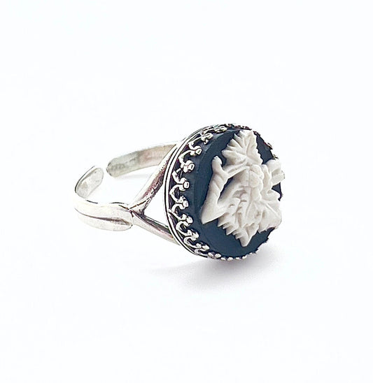 Wedgwood Black Jasperware Ring, Sterling Silver Adjustable Ring