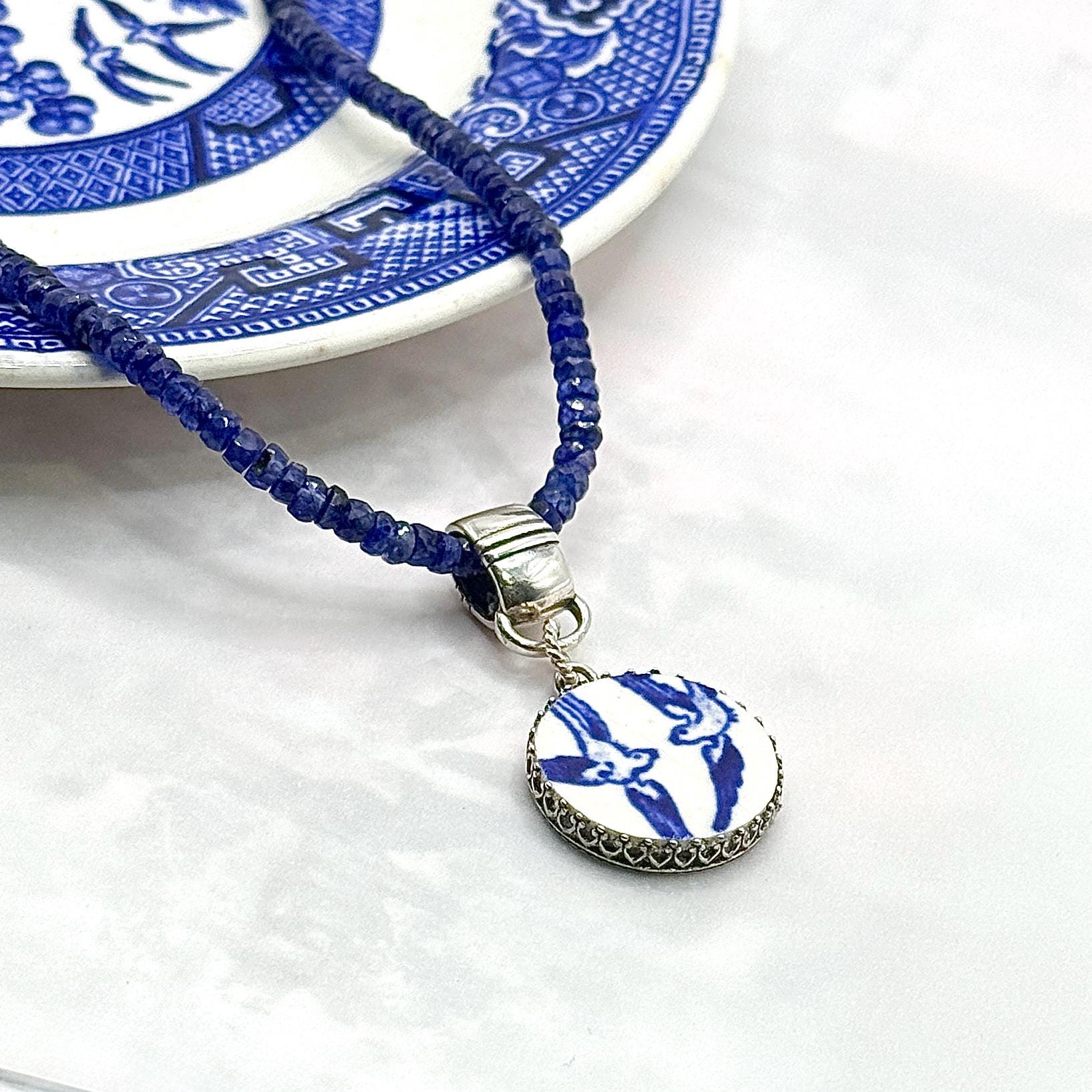 Sapphire 20th Wedding Anniversary Gift for Wife, Love Birds Blue Willow China Necklace, Broken China Jewelry