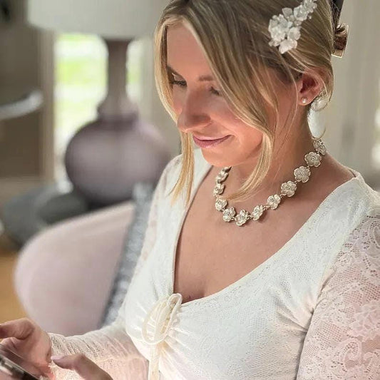 Unique Vintage Bridal Jewelry, Crystal Wedding Necklace, Silver Flower Necklace