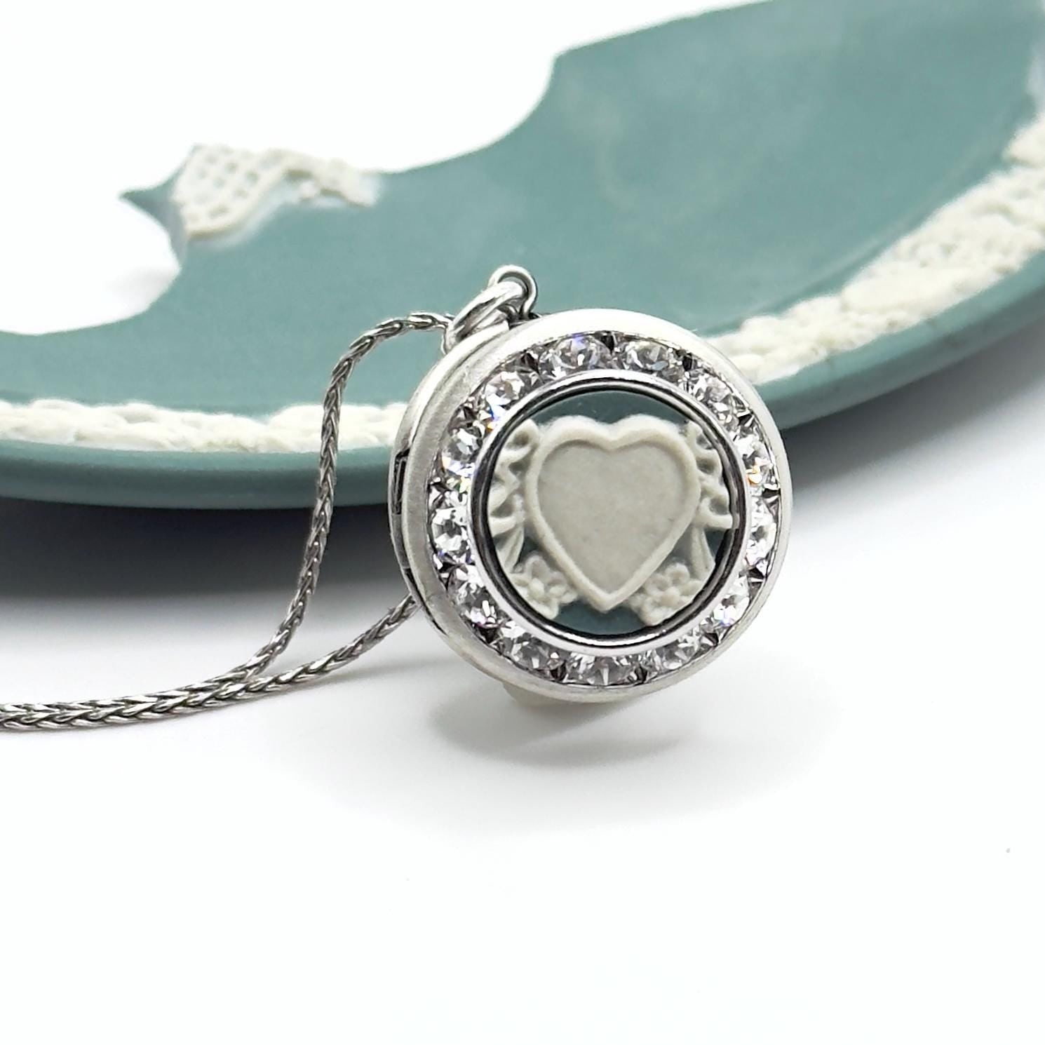 Romantic Valentines Day Gift, Heart Locket Necklace, Vintage Wedgwood Jasperware, Anniversary Gift for Wife