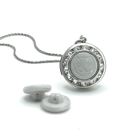 Happy Gray Cat Locket, Antique Glass Cat Button Jewelry, Adjustable Photo Locket Necklace, Valentines Day Gift for Cat Mom