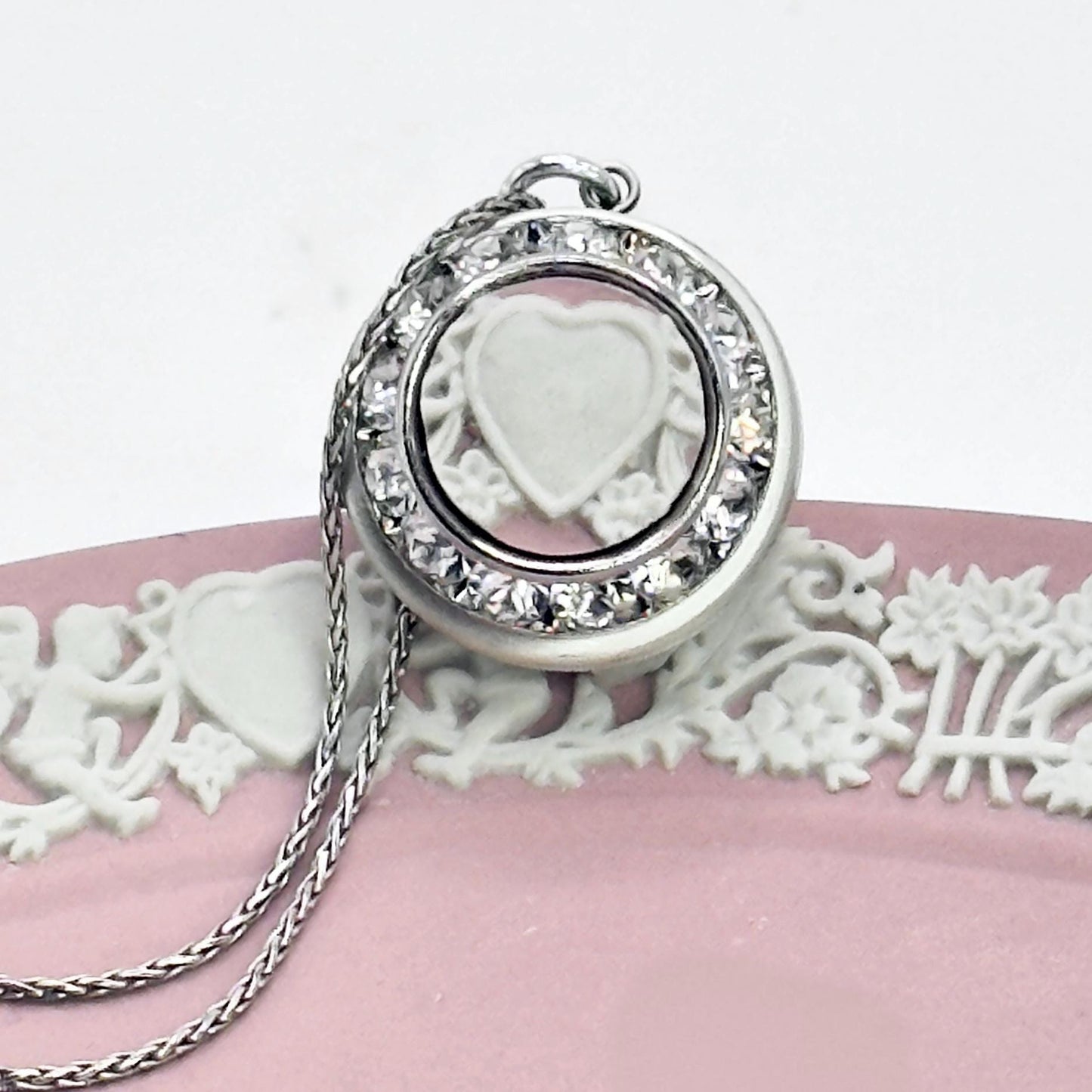 Romantic Valentines Day Gift, Anniversary Gift for Wife, Heart Locket Necklace, Vintage Pink Wedgwood Jasperware