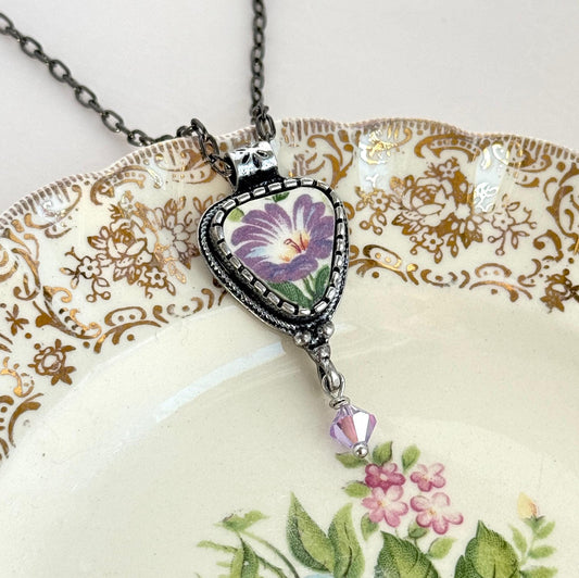 Purple Morning Glory Flower Necklace, Vintage Broken China Pendant, Repurposed Artisan Jewelry