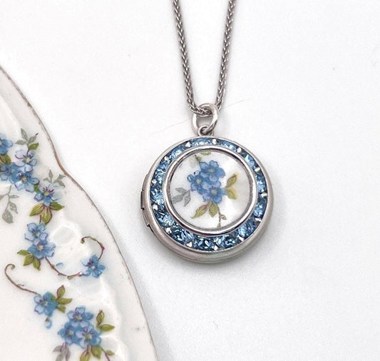 Dainty Forget Me Not Locket Necklace, 20th Wedding Anniversary China Gifts for Wife, Valentines Day Jewelry Gift for Her