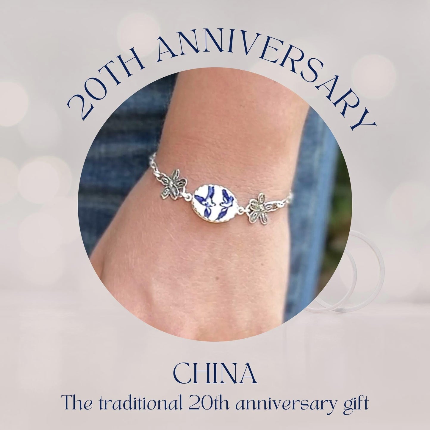 Blue Willow China Bracelet, Love Birds, Sterling Silver Anniversary Gift for Wife, Wedding Jewelry