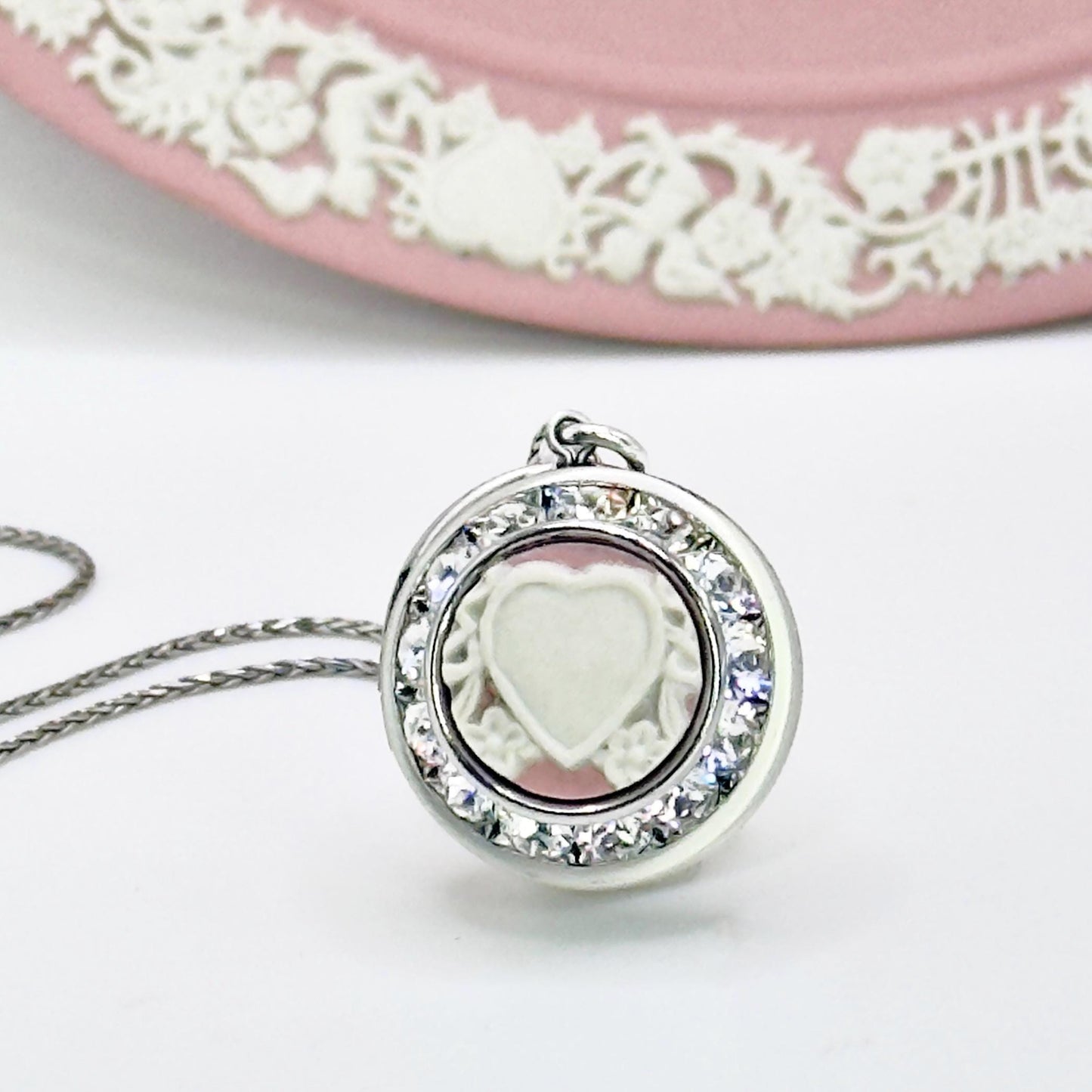 Romantic Valentines Day Gift, Anniversary Gift for Wife, Heart Locket Necklace, Vintage Pink Wedgwood Jasperware