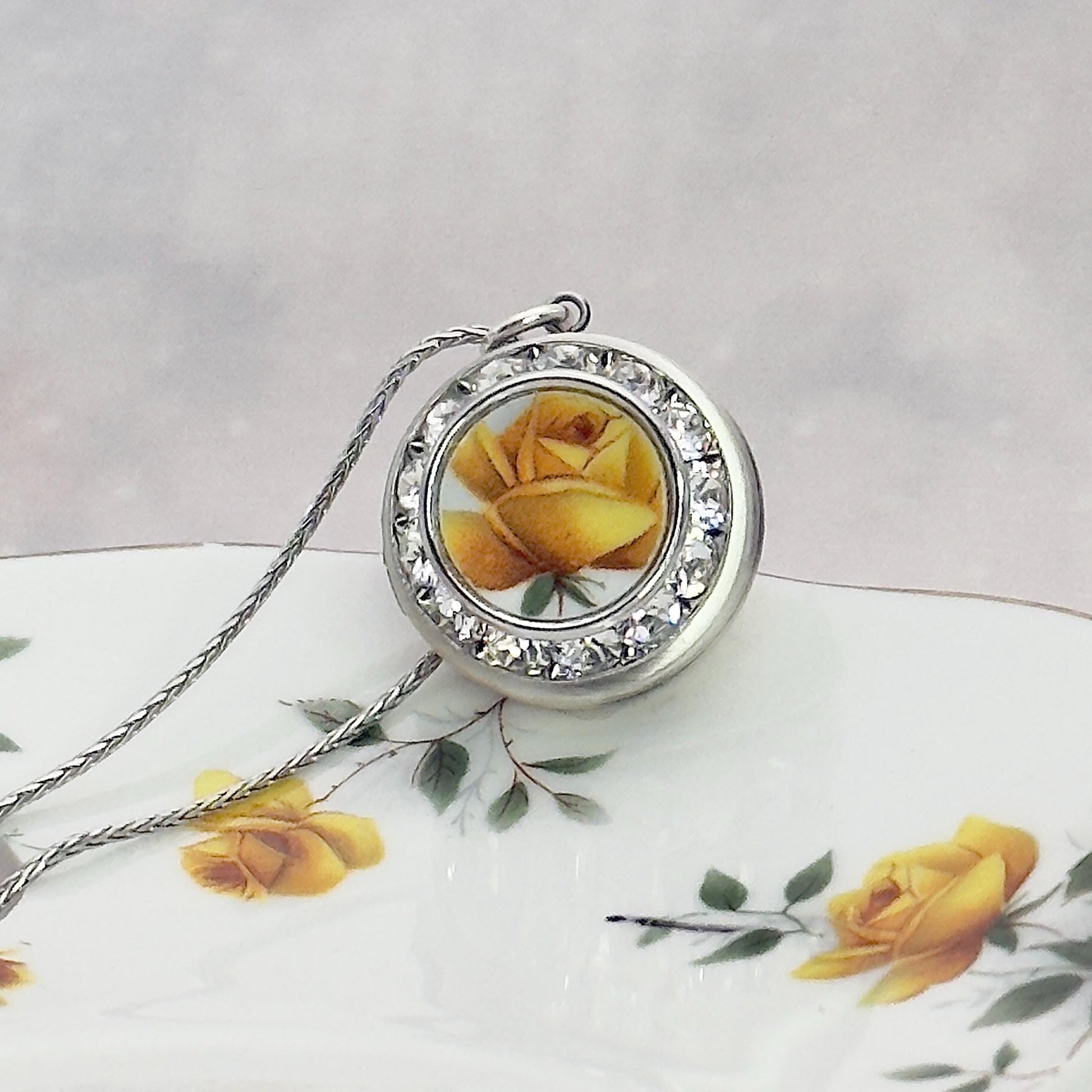 Valentines Day Gift for Friend, Yellow Rose Locket Necklace, Special Friendship Flower Gift, Broken China Jewelry Photo Locket