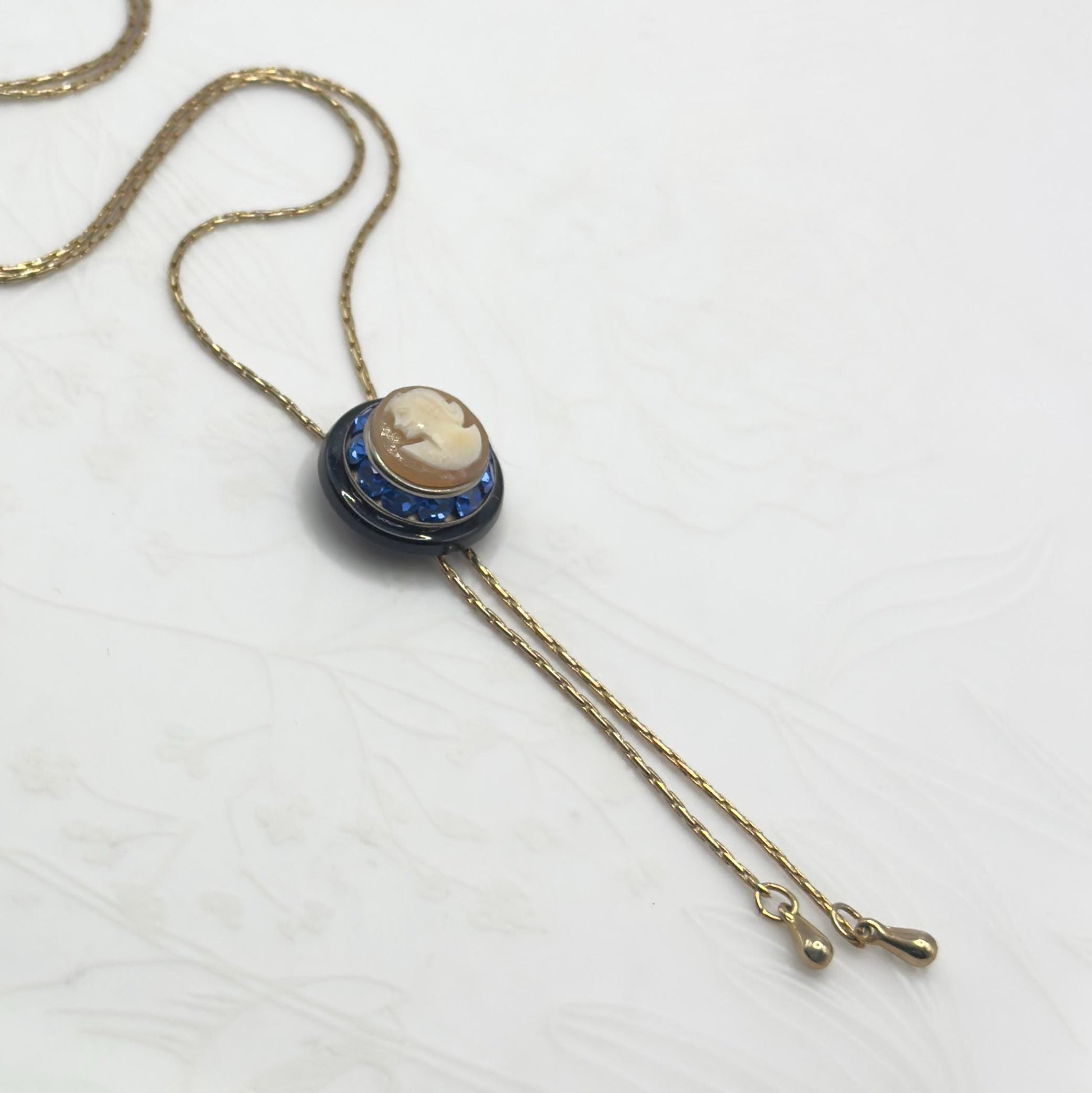 One-of-a-Kind Long Gold Cameo Necklace, Vintage Onyx & Shell Came Adjustable Blue Crystal Necklace, Italian Cameo Jewelry