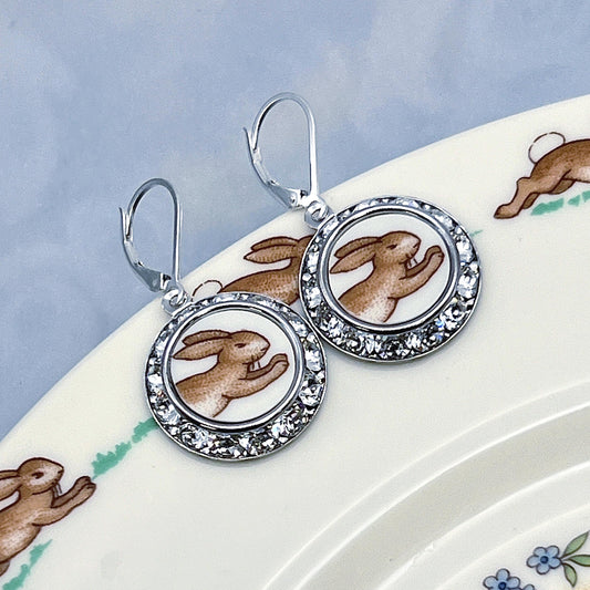 Easter Bunny Gifts for Women, Bunnykins China Earrings, Crystal Broken China Jewelry, Bunny Rabbit Dangle Earrings
