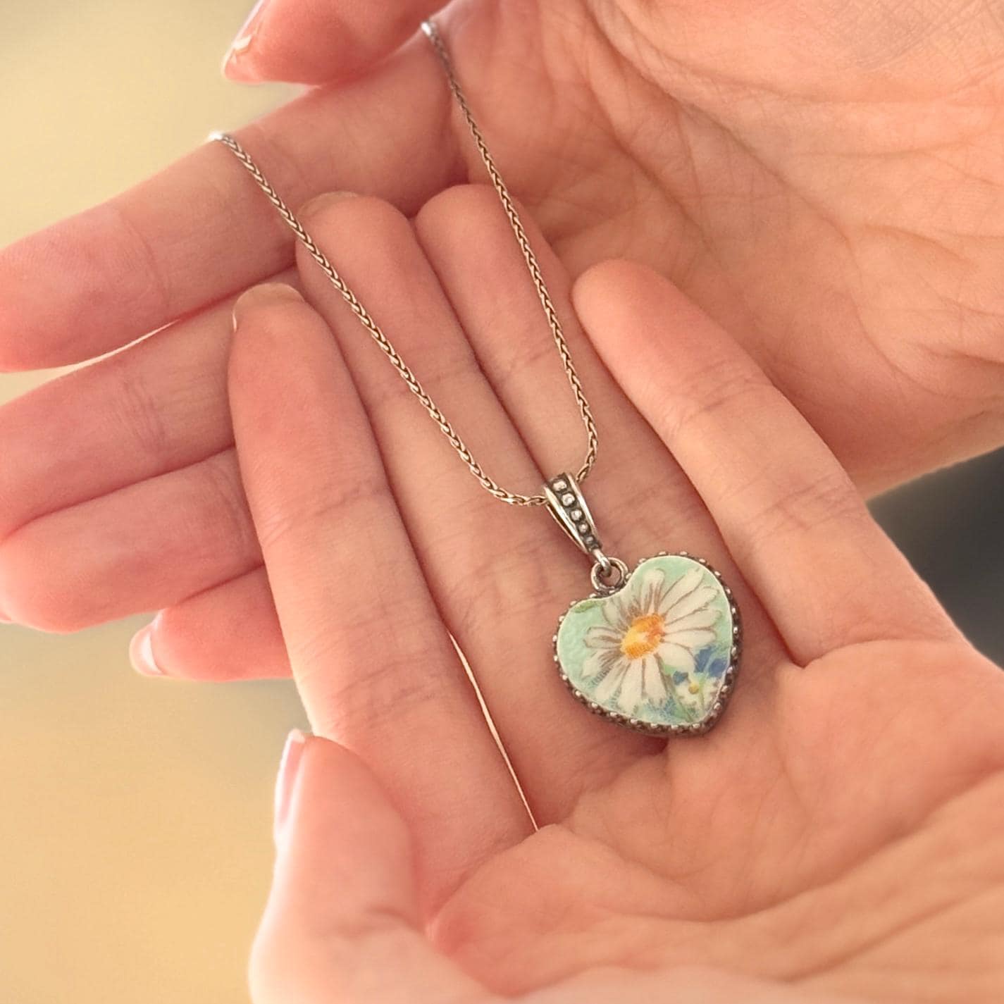 Sterling Silver Daisy Necklace, 20th Anniversary China Gift for Wife, Romantic Broken China Jewelry