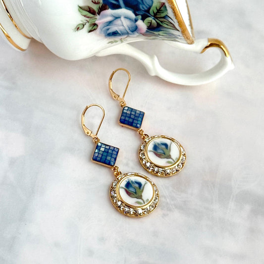20th Anniversary Gift for Wife, Gold Crystal Earrings, Blue Rose Broken China Jewelry, Gold Filled Hinged Lever Back Earwires