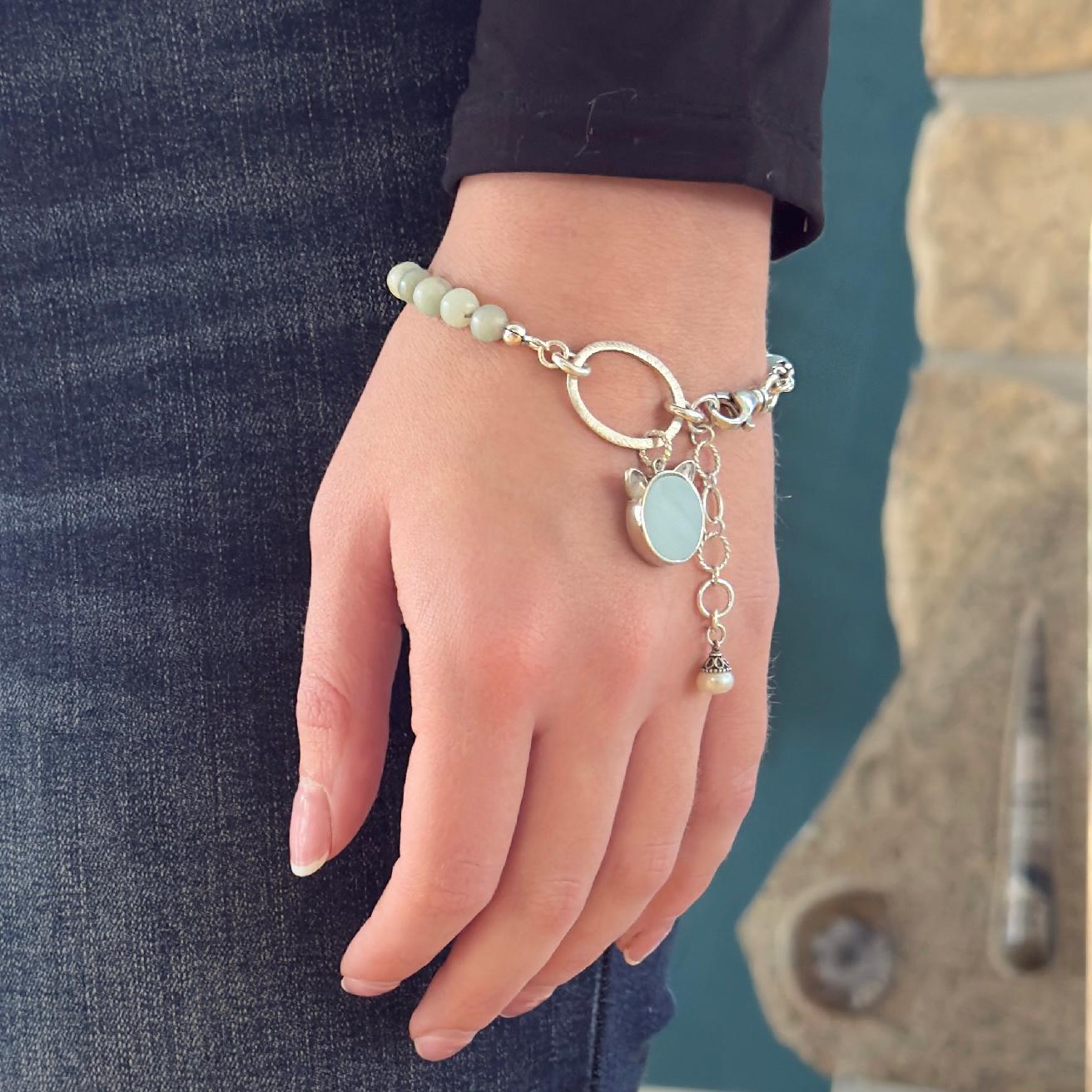 Fire King Turquoise Blue Depression Glass, Amazonite Gemstone Cat Charm Bracelet, Unique Gifts for Her, Cat Mom Valentines Day Gifts