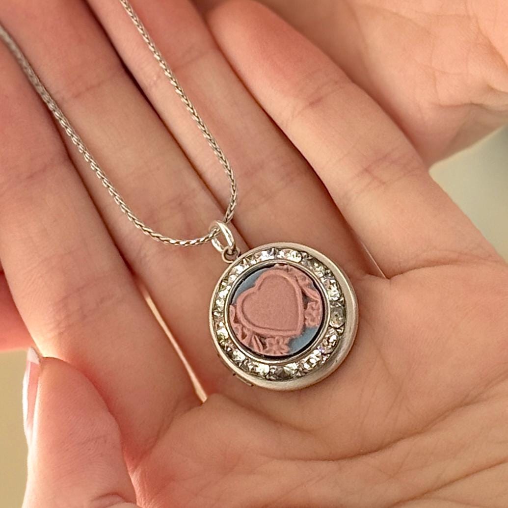 Victorian Valentines Day Heart Locket Necklace, Vintage Blue and Pink Wedgwood Jasperware, Wedding Anniversary Gifts for Wife