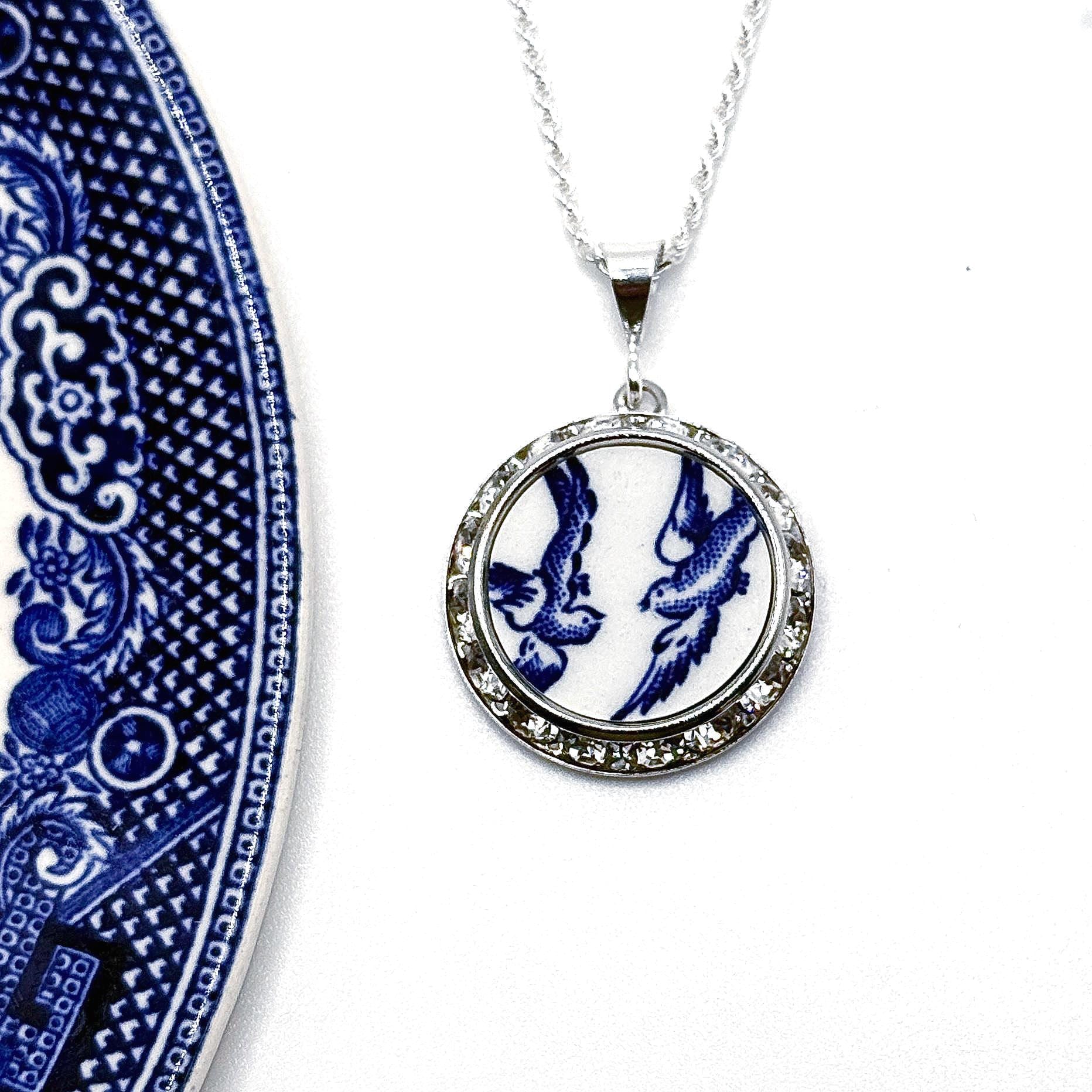 20th Anniversary Gift Necklace - Romantic Love Birds Broken China Jewelry for Wife