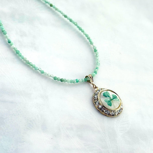 Dainty Shamrock Crystal Necklace, Gold St Patricks Day Broken China Jewelry, Irish Belleek Pendant Necklace