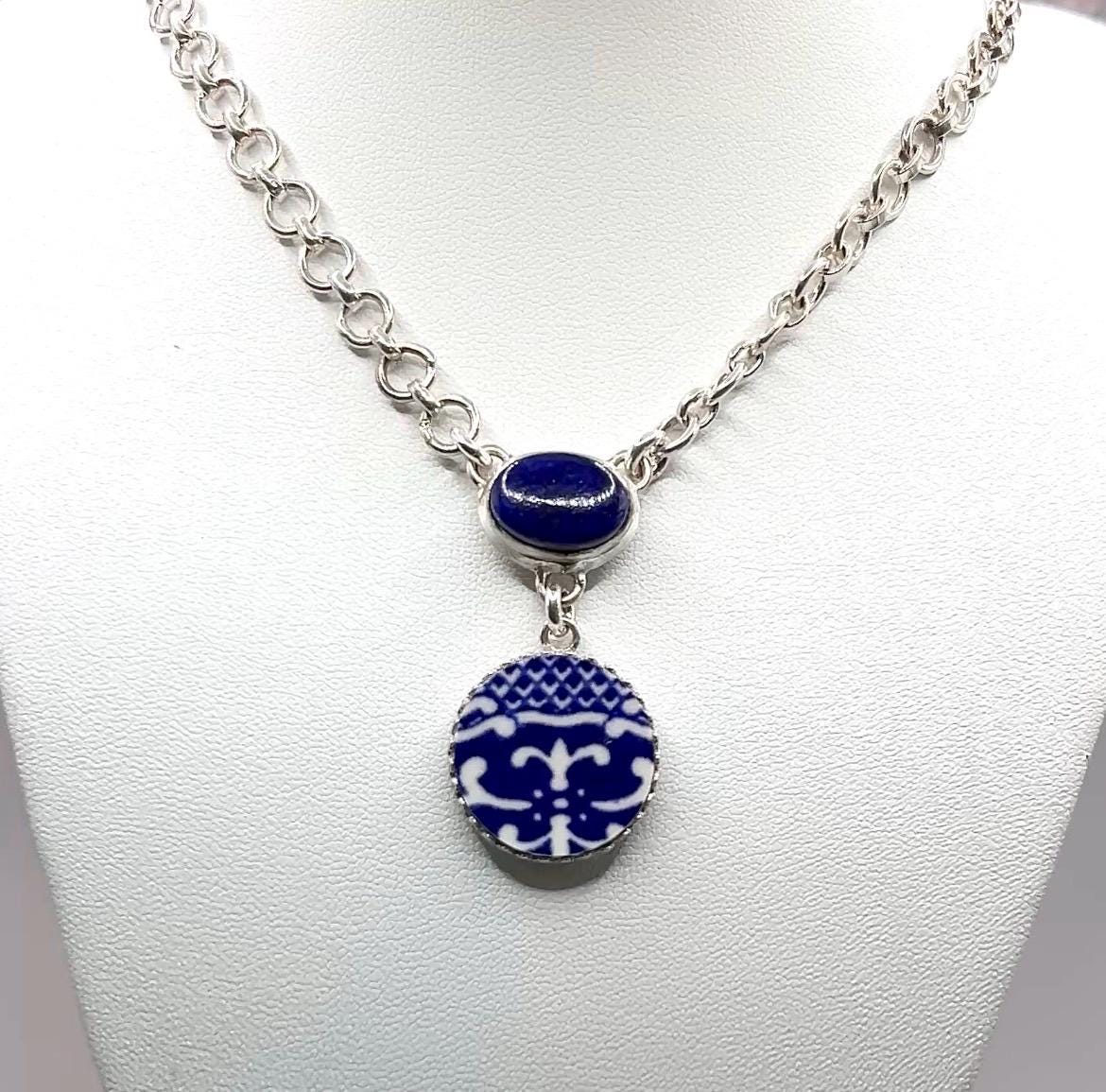 Repurposed Blue Willow China Necklace, 9th Anniversary Lapis Lazuli Gift for Wife, Sterling Silver