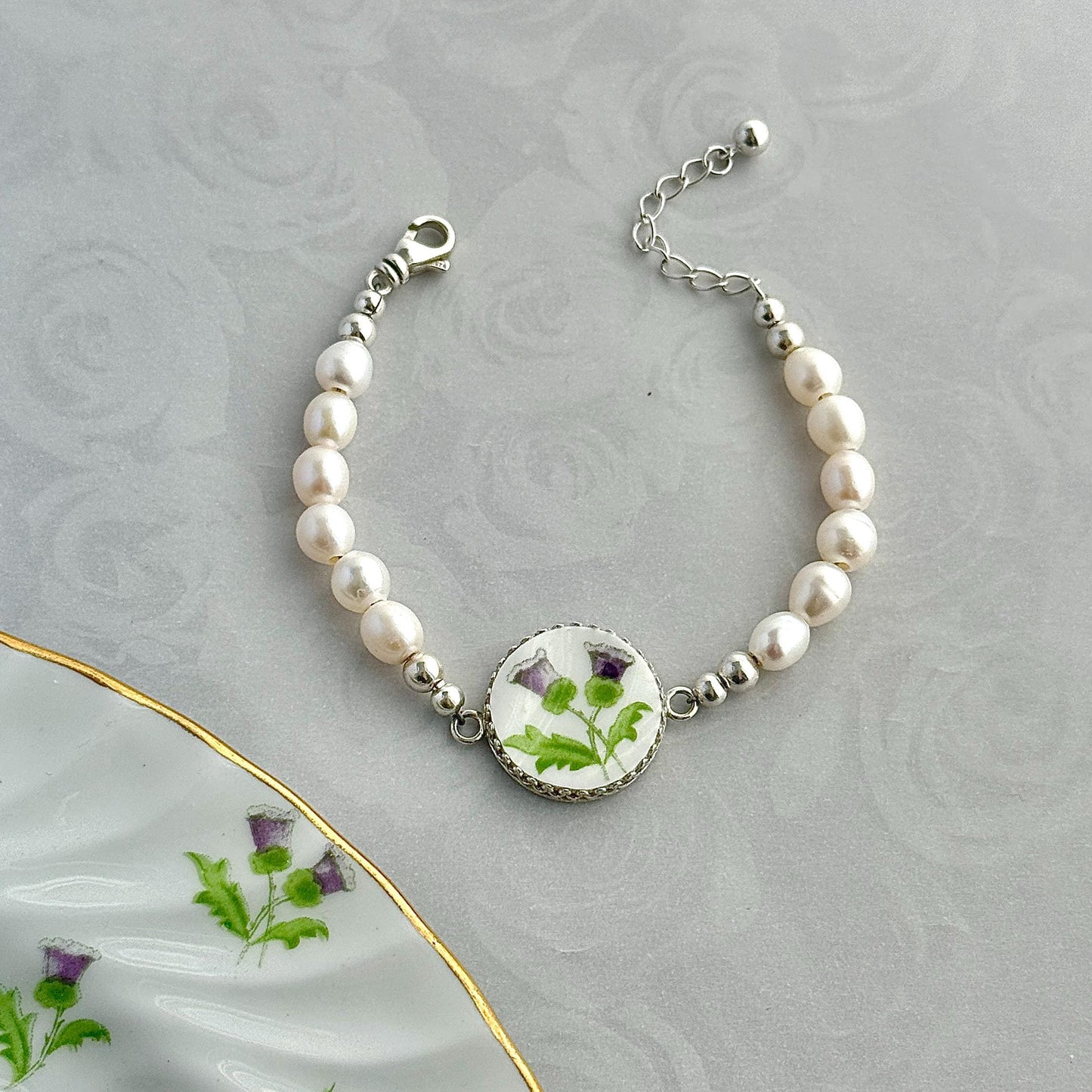 Purple Thistle Pearl Bracelet, Celtic Jewelry, Scottish Wedding, Gifts for Her, Aynsley China