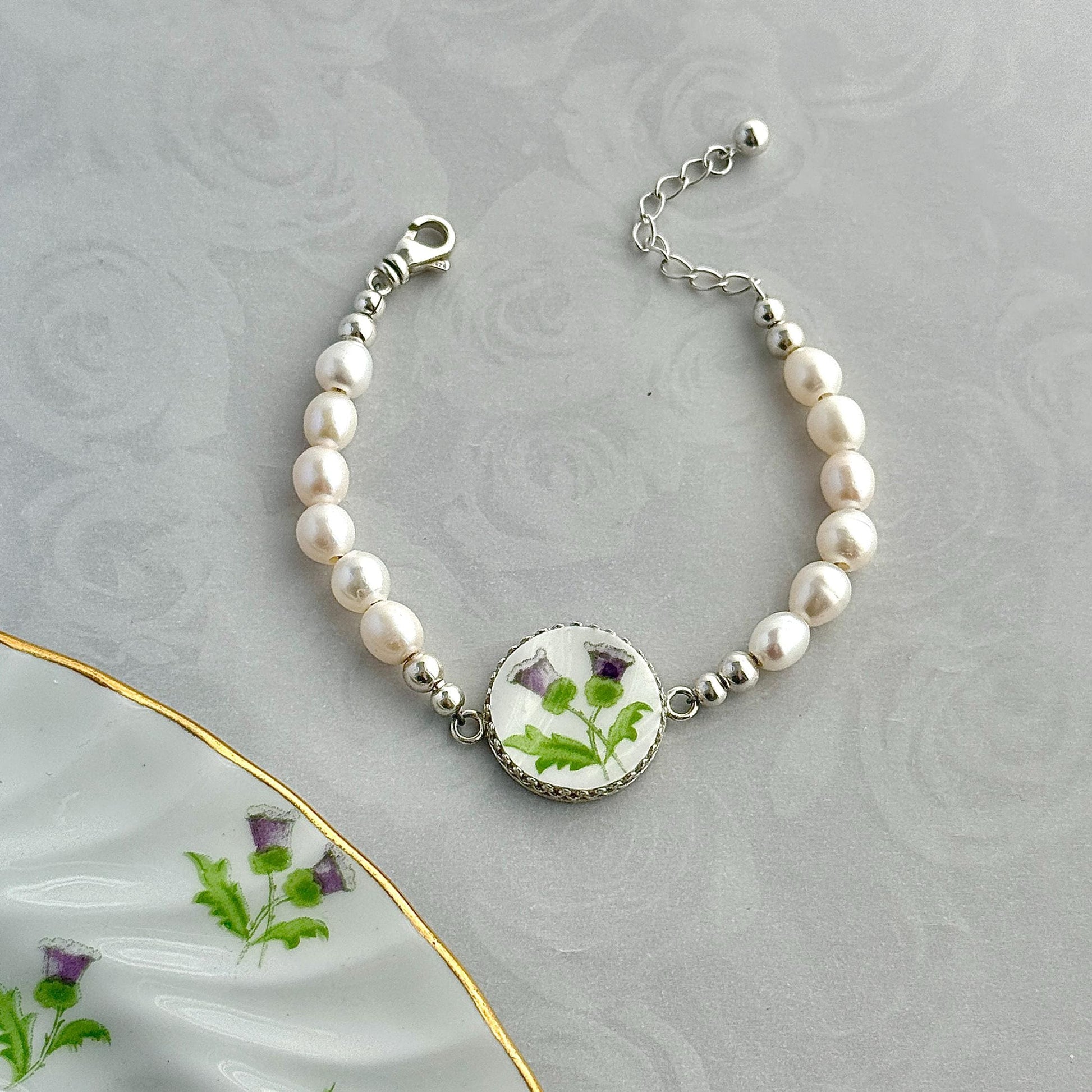 Purple Thistle Pearl Bracelet, Celtic Jewelry, Scottish Wedding, Gifts for Her, Aynsley China