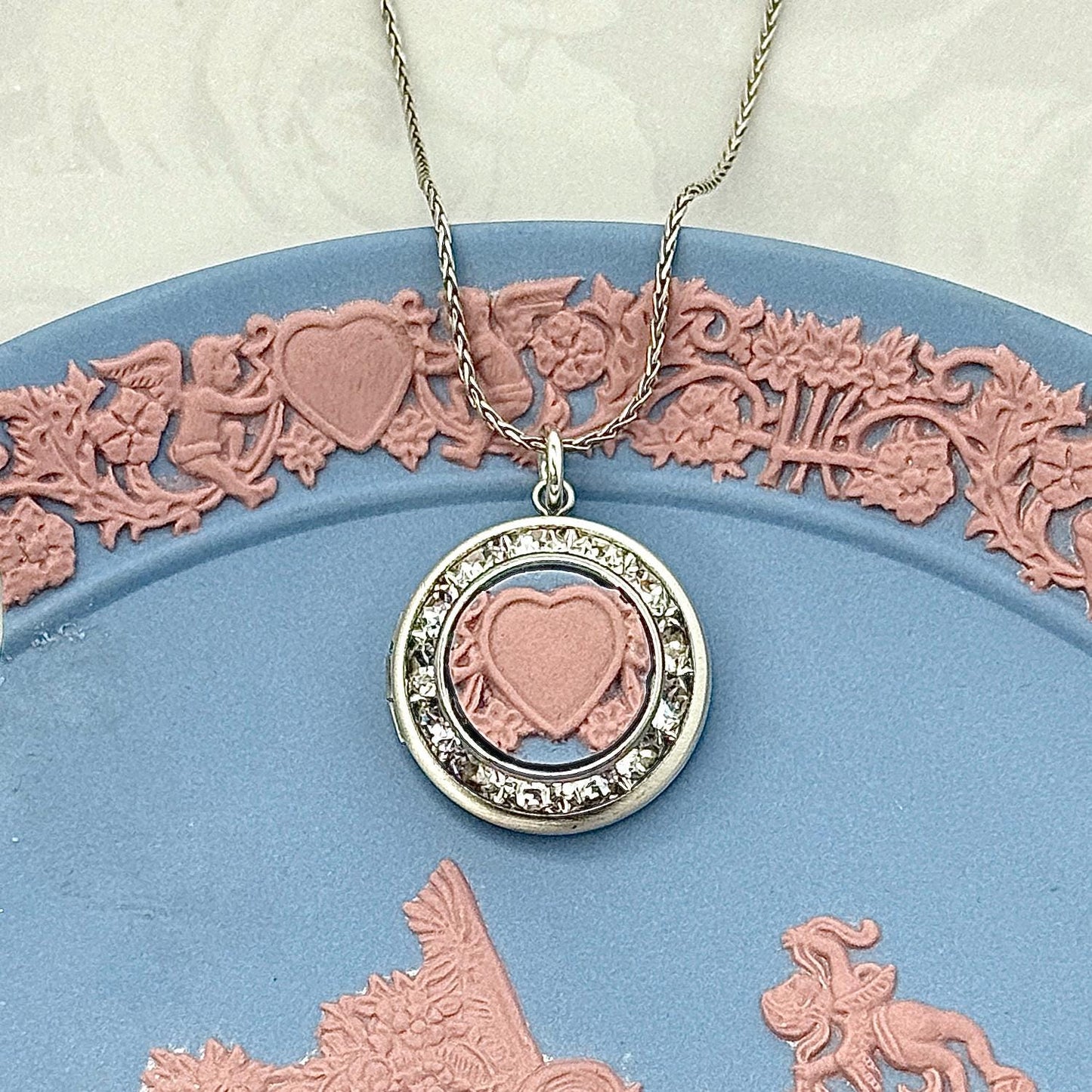 Victorian Valentines Day Heart Locket Necklace, Vintage Blue and Pink Wedgwood Jasperware, Wedding Anniversary Gifts for Wife