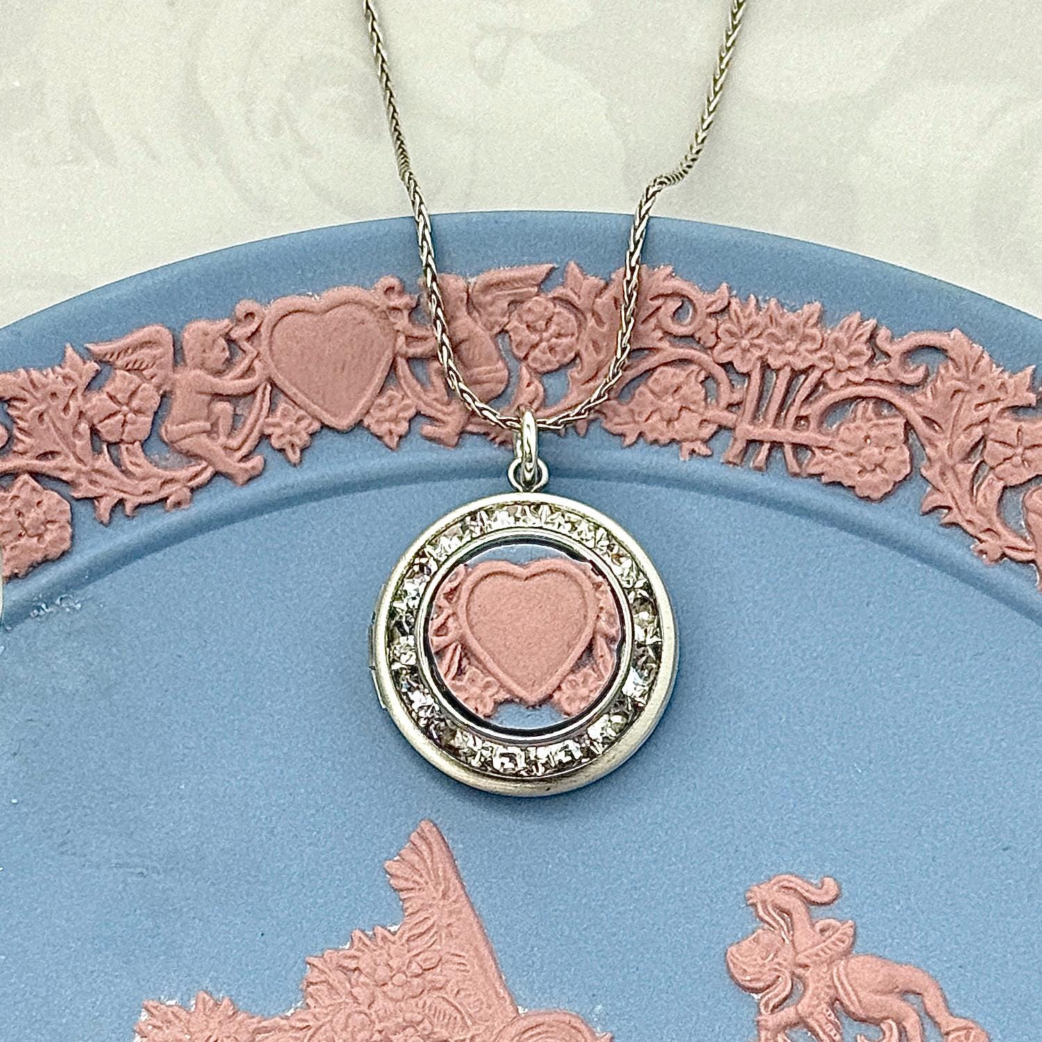 Victorian Valentines Day Heart Locket Necklace, Vintage Blue and Pink Wedgwood Jasperware, Wedding Anniversary Gifts for Wife