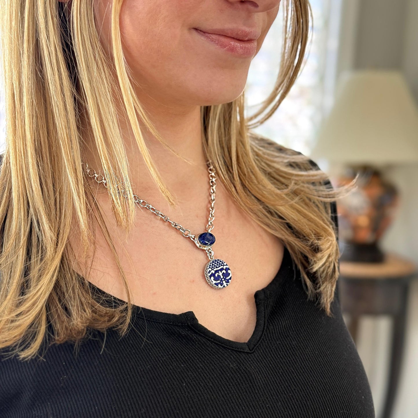 Repurposed Blue Willow China Necklace, 9th Anniversary Lapis Lazuli Gift for Wife, Sterling Silver