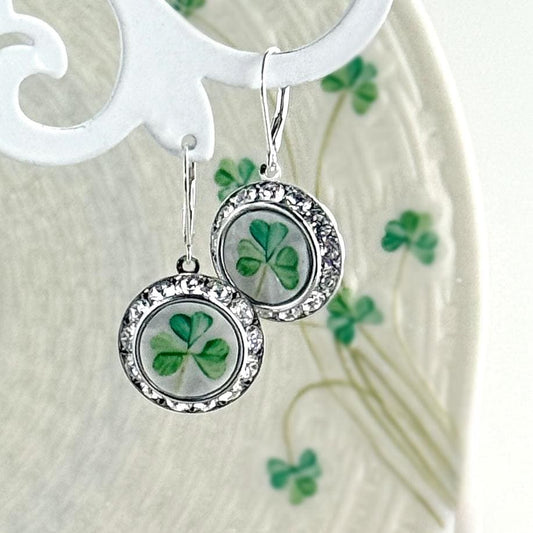 Crystal Shamrock Earrings, Irish Belleek Broken China Jewelry, Unique St Patricks Day Gifts for Her/Women