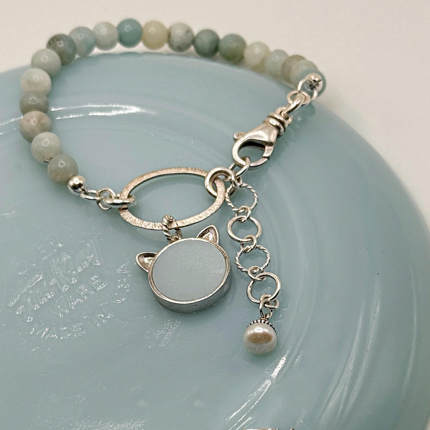 Fire King Turquoise Blue Depression Glass, Amazonite Gemstone Cat Charm Bracelet, Unique Gifts for Her, Cat Mom Valentines Day Gifts